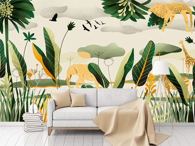 北歐現代手繪熱帶雨林植物動物背景墻壁畫